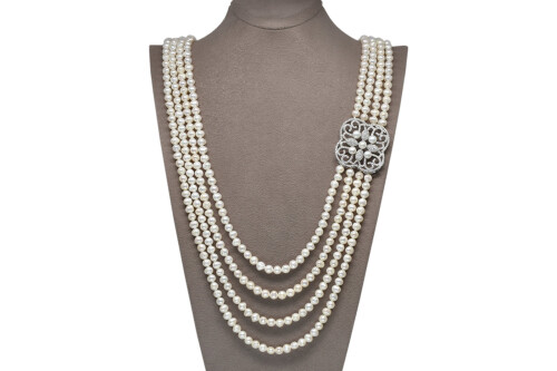 Жемчужное ожерелье в 4 рядов с серебряной брошью AH-0111 - 