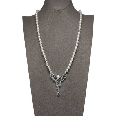 925 Sterling Silver Natural White Pearl Necklace AH-0099 - 1
