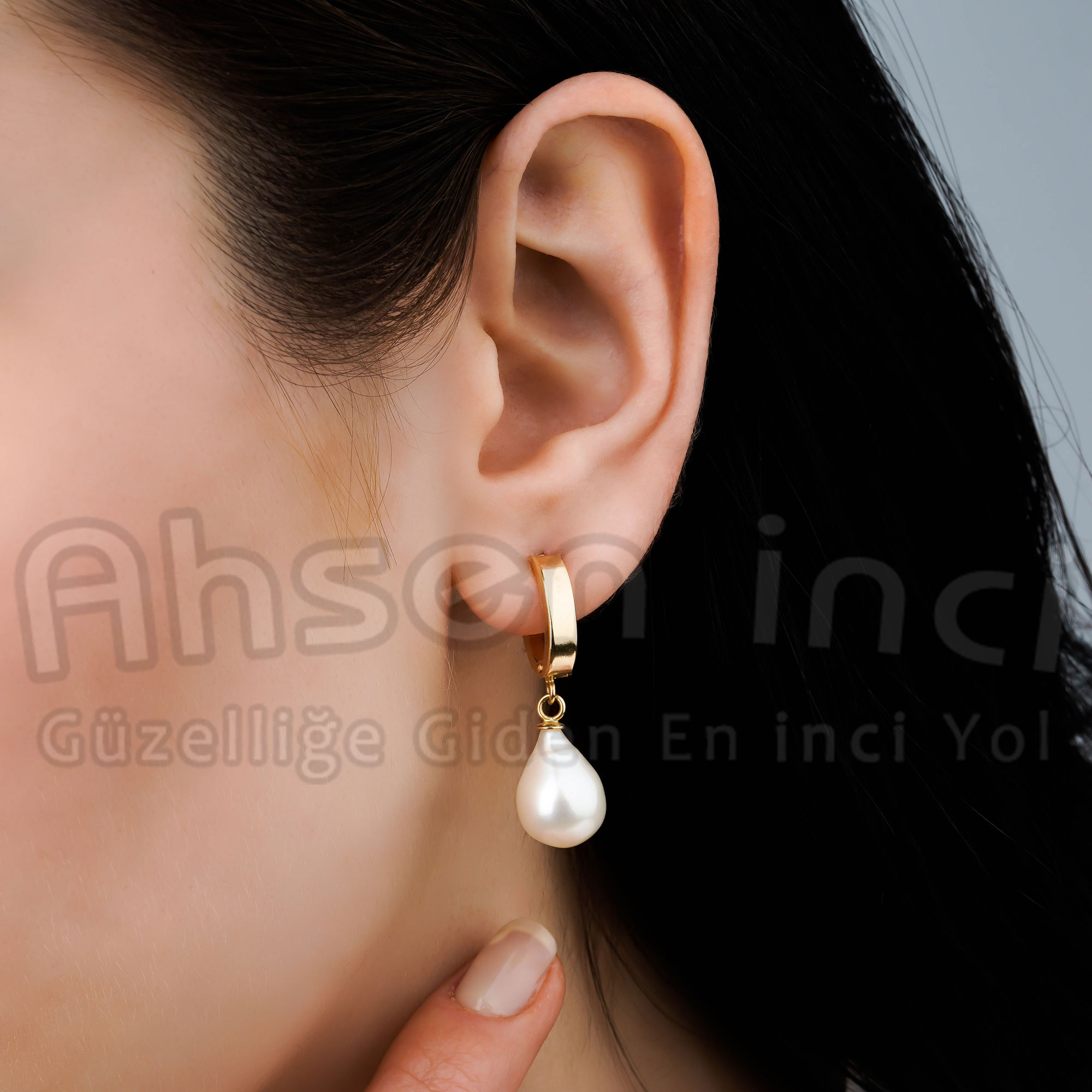 Ahsen 14K Altın Doğal Damla Beyaz İnci Küpe-AH-0169 - Ahsen