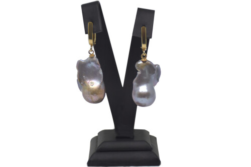 Ahsen 14K Altın Doğal Gri Barok inci Küpe AH-00076 - 