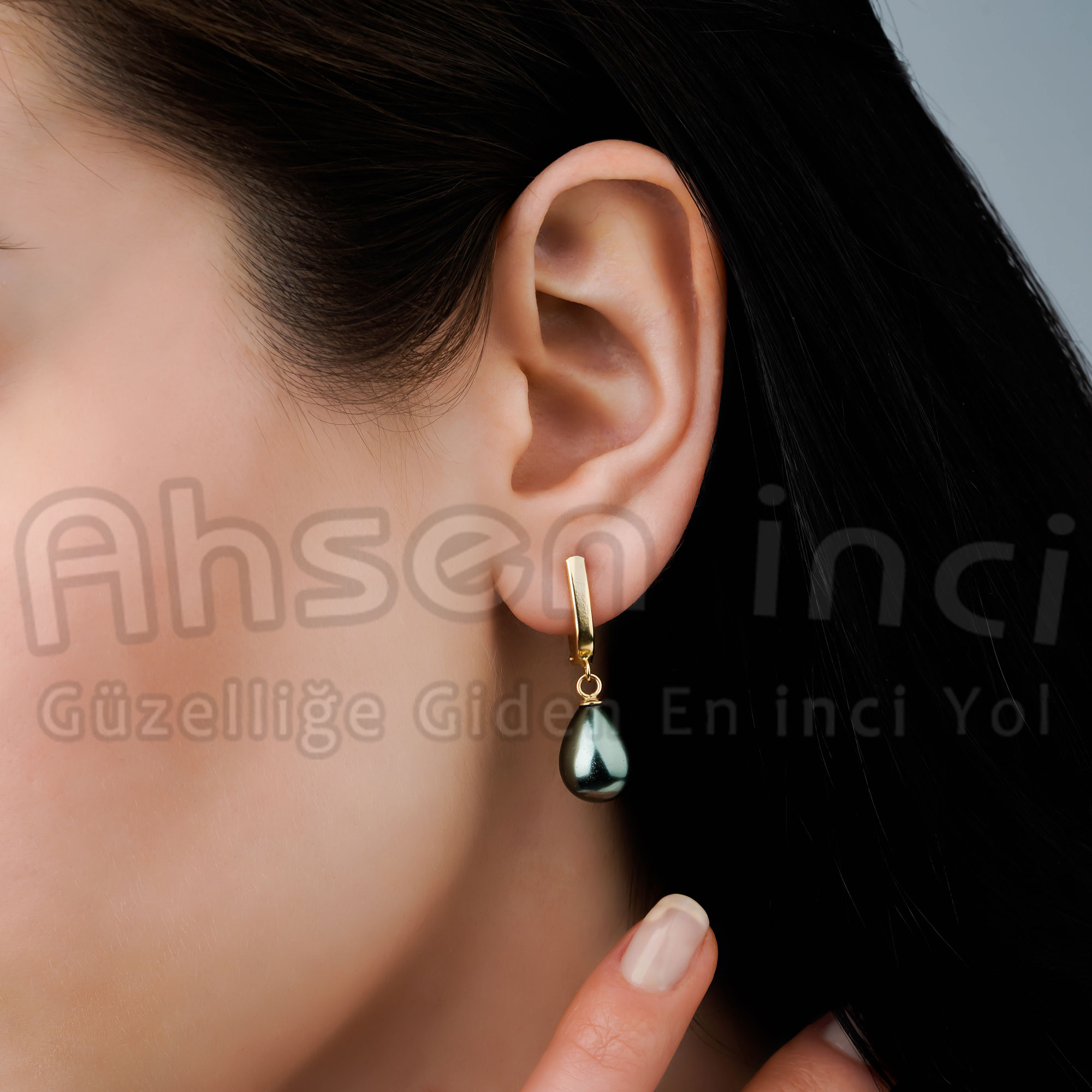 Ahsen 14K Altın Mayorka Damla Siyah İnci Küpe-AH-00028 - 