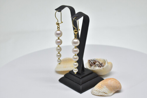 Ahsen 14K Altın Sallantılı Beyaz Doğal İnci Küpe AH-00065 - 