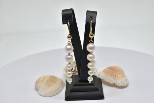 Ahsen 14K Altın Sallantılı Beyaz Doğal İnci Küpe AH-00065 - (1)