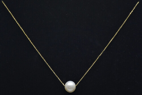 Ahsen 14K Altın Zincirli Beyaz Doğal Tek incili Kolye AH-00078 - (1)