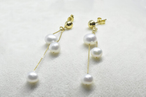 Ahsen 14K Altın Zincirli Doğal Beyaz İnci Küpe-AH-00027 - (1)