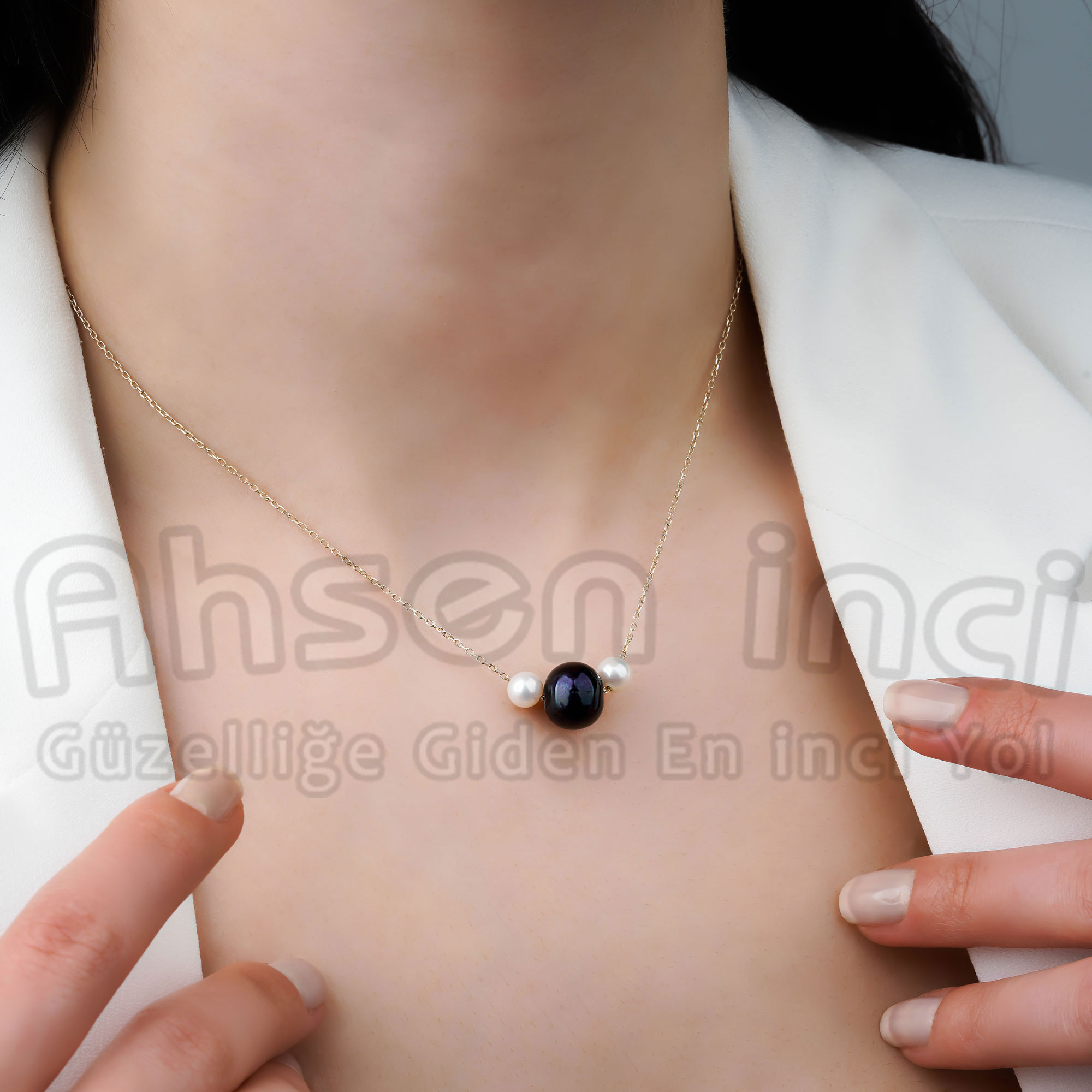 Ahsen 925 Ayar Gümüş Zincirli Doğal Beyaz-Siyah İncili Kolye AH-0168 - Ahsen