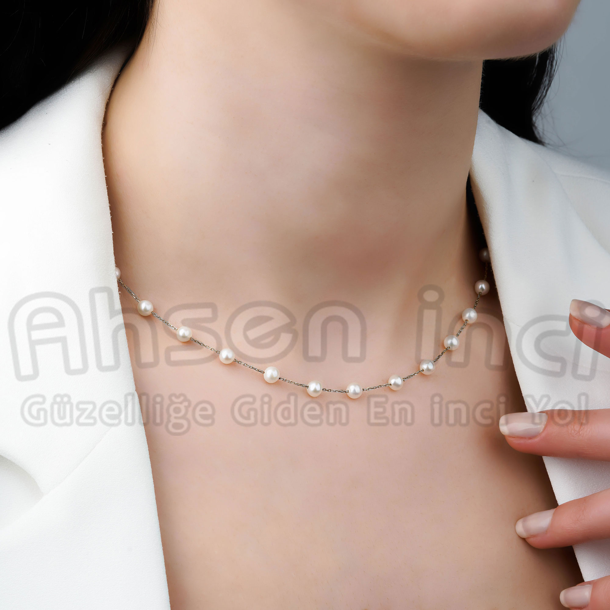 Ahsen 925 Ayar Gümüş Zincirli Doğal İnci 3'lü Set AH-0161 - Ahsen