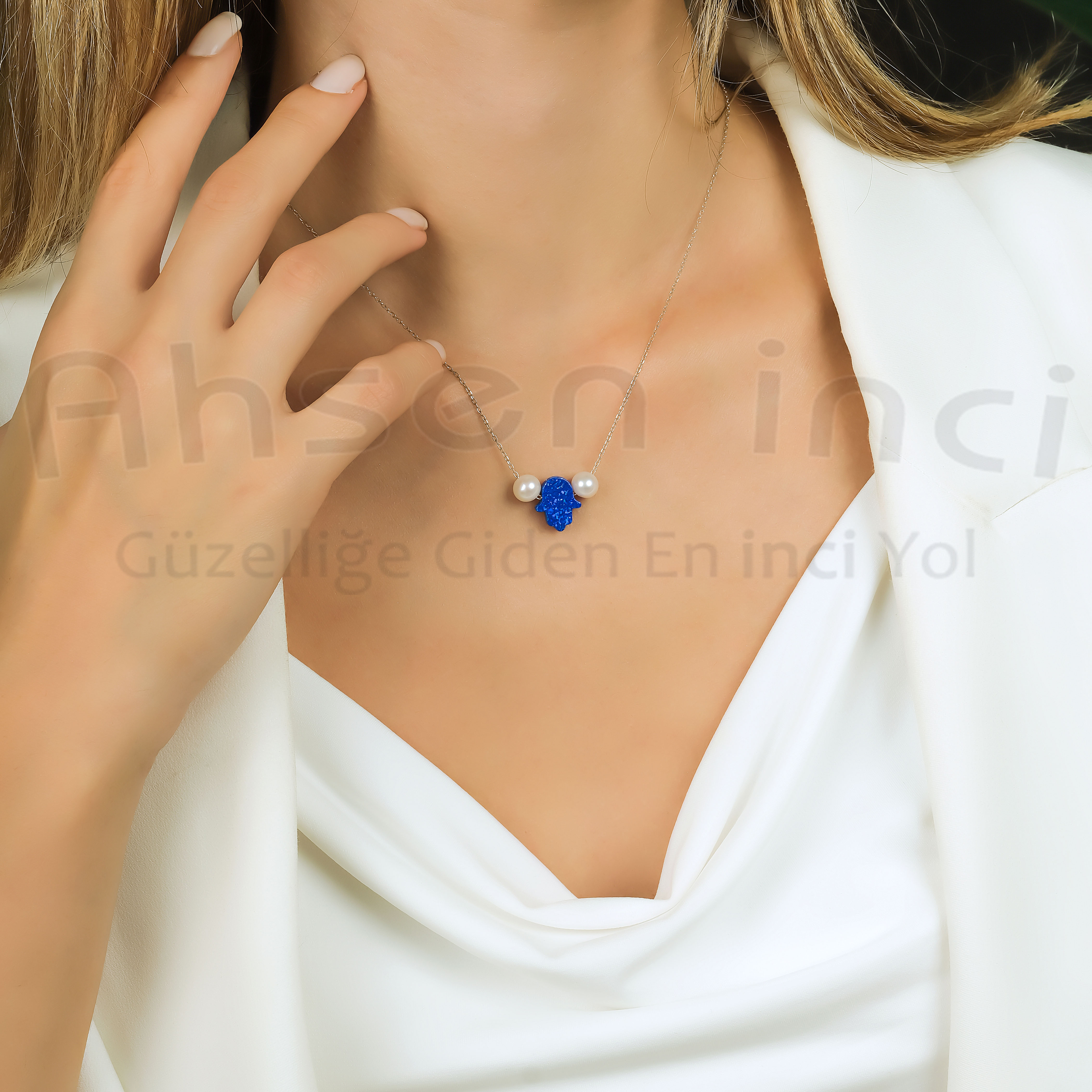 Ahsen 925 Ayar Gümüş Zincirli Doğal İnci ve Opal Taşlı Kolye AH-0175 - Ahsen