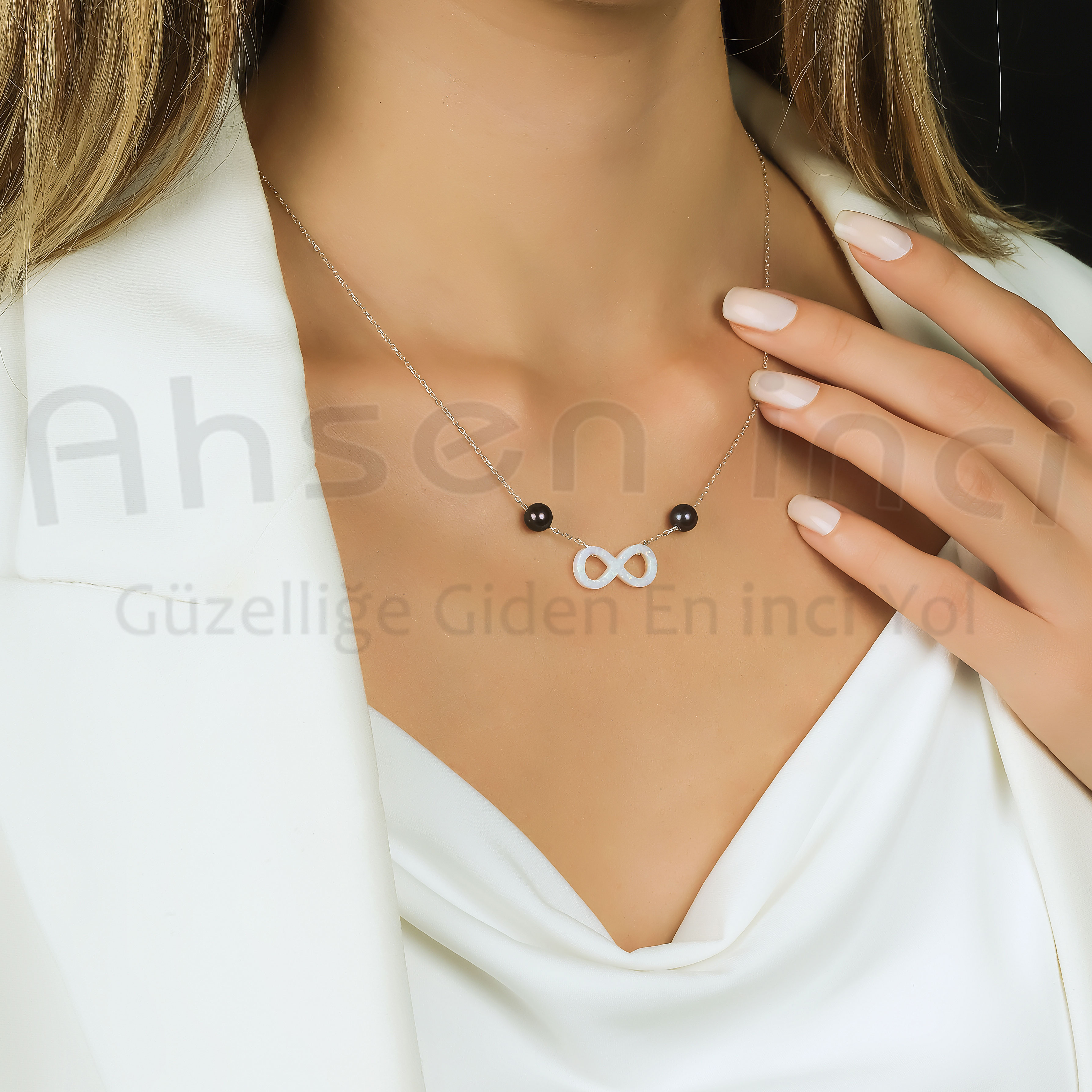 Ahsen 925 Ayar Gümüş Zincirli Doğal İnci ve Opal Taşlı Kolye AH-0177 - 