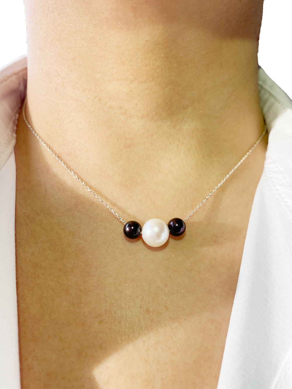 Ahsen 925 Ayar Gümüş Zincirli Doğal Siyah-Beyaz İncili Kolye AH-0167 - Ahsen