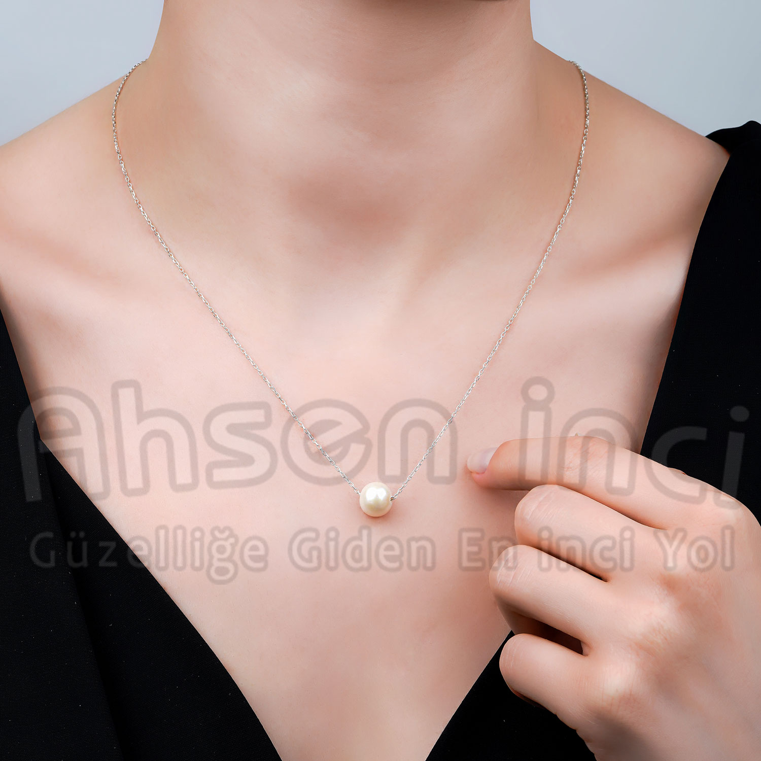 Ahsen 925 Ayar Gümüş Zincirli Doğal Tek Beyaz İncili Kolye AH-0159 - Ahsen