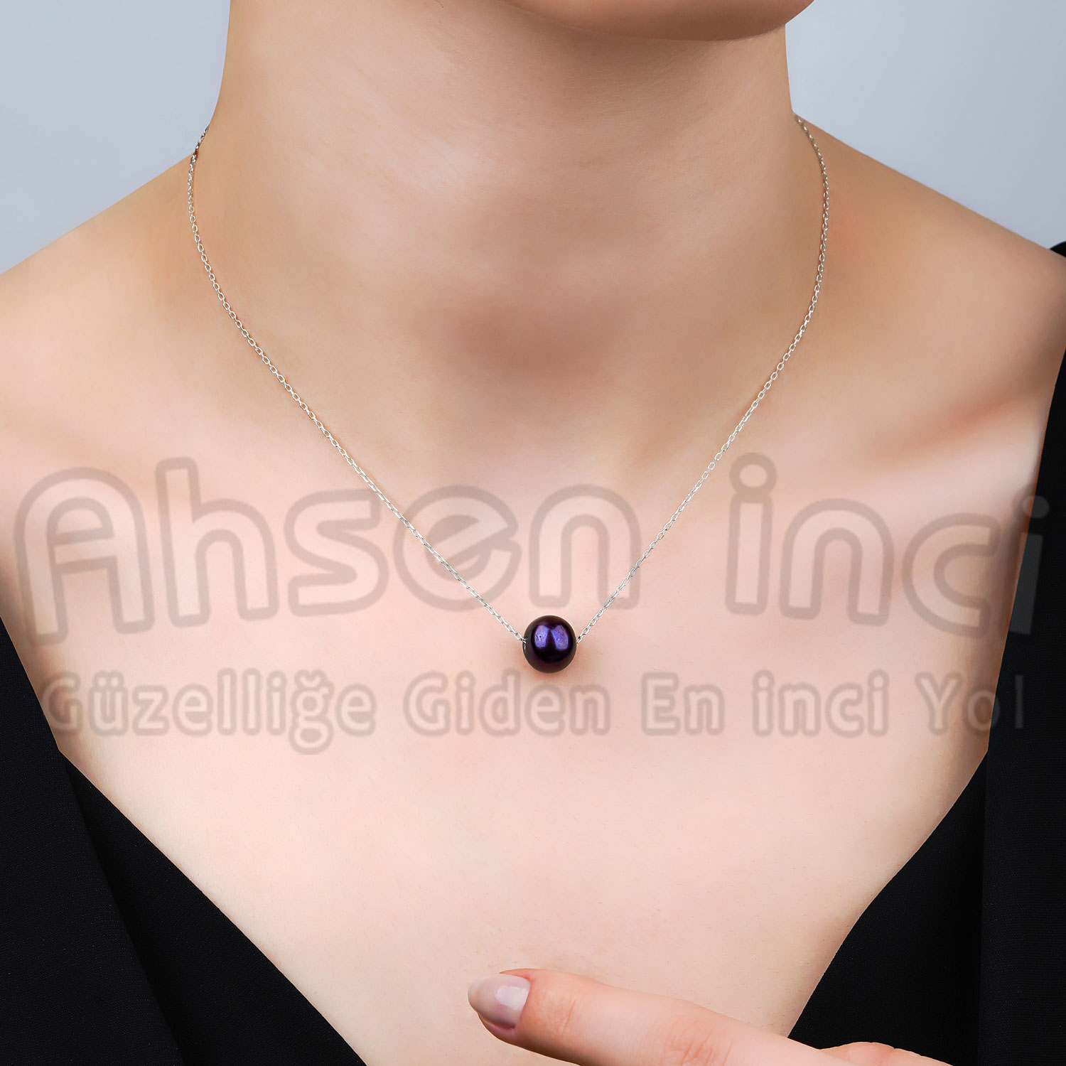 Ahsen 925 Ayar Gümüş Zincirli Doğal Tek Siyah İncili Kolye AH-0160 - Ahsen