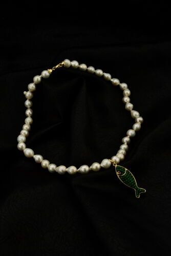 Ahsen 925 Gümüş Zümrüt Naturel İnci Kolye Balıklı Model-9951 - Ahsen