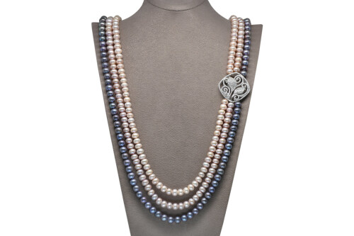 Ahsen 925 Sterling Silver Black - Pink Pearl Necklace (Silver Brooch) AH-0094 - 