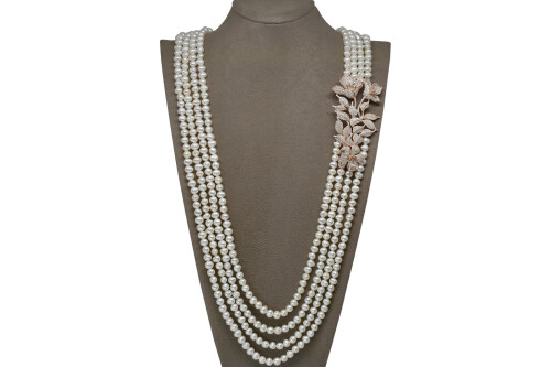 Ahsen 925 Sterling Silver White Pearl Necklace (Rose Brooch) AH-00113 - 