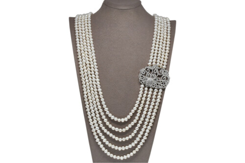 Ahsen 925 Sterling Silver White Pearl Necklace (Silver Brooch) AH-00110 - 