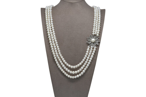 Ahsen 925 Sterling Silver White Pearl Necklace (Silver Brooch) AH-0090 - 