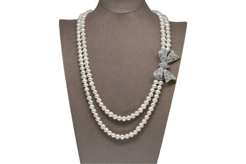 Ahsen 925K Gümüş Broşlu 2 Sıralı Doğal Beyaz inci Kolye AH-0115 - 