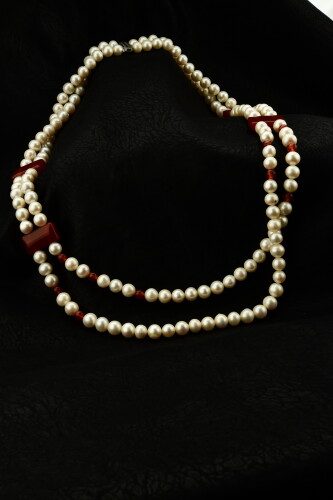 Ahsen 925K Gümüş Broşlu 2 Sıralı Doğal Mercan Beyaz İnci Kolye AH-9919 - 