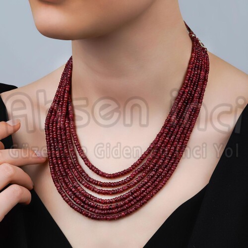 Ahsen Kök Yakut El İşi Kolye ( 3 Sıra ) P8809 - Ahsen İnci