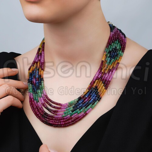 Ahsen Kök Mix Color Safir Turmalin El İşi Kolye(9 Sıra ) P8801 - Ahsen İnci