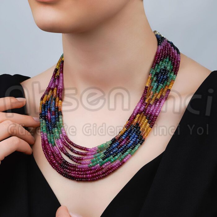 Ahsen Kök Mix Color Safir Turmalin El İşi Kolye ( 1 Sıra ) P8822 - 1