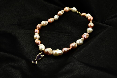 Ahsen Naturel Barok İnci Kolye Pembe Mix Color Balıklı Safirli Model -9903 - Ahsen