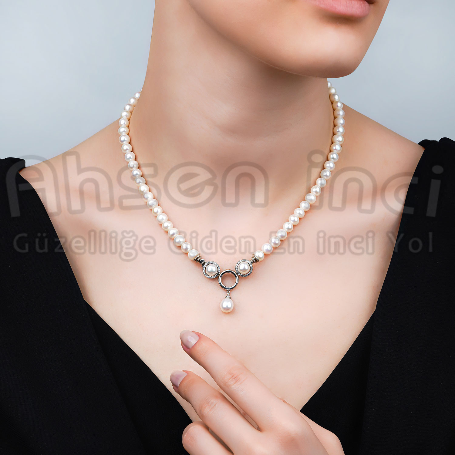 Natürliche Perlenkette mit Clip-Verschluss aus Silber AH-0103 - 1